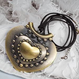 Antique Gold Heart Pendant Genuine Leather Long Necklace